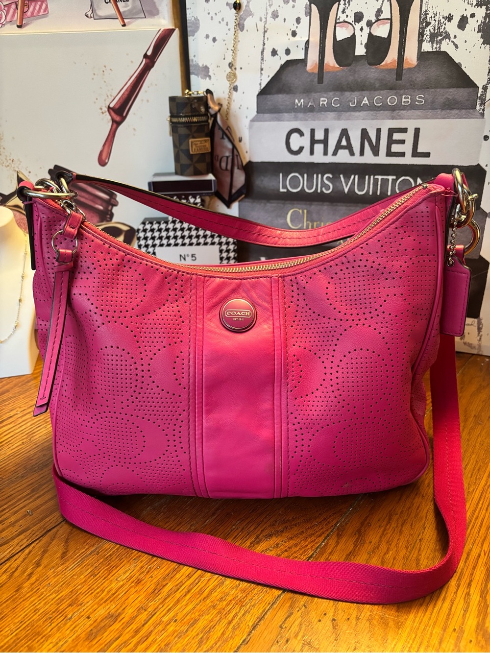 Coach F23241 Pink Perforated Leather Convertible Hobo Crossbody Bag